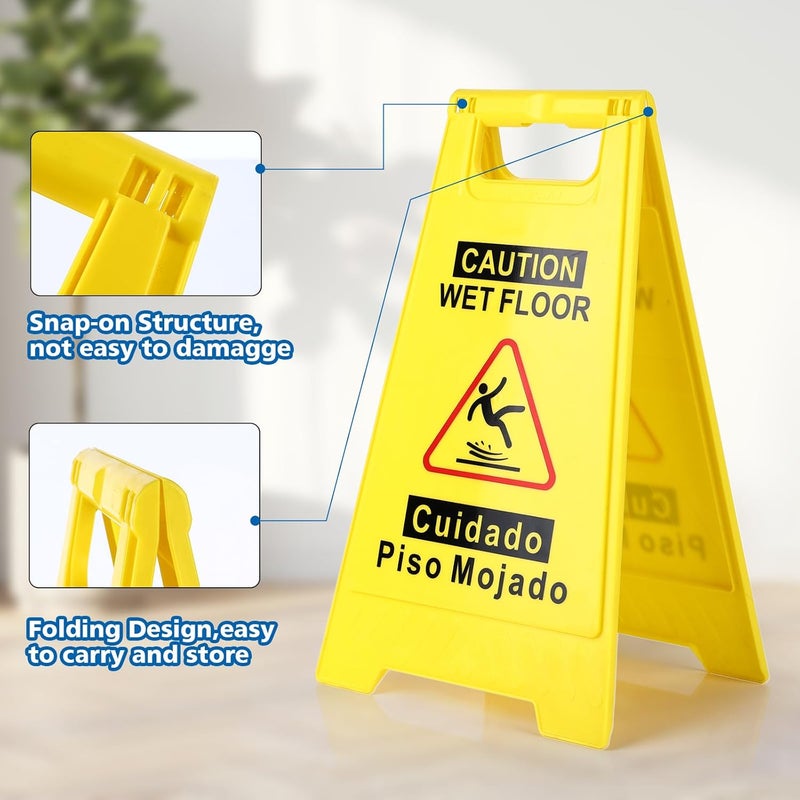 WOUSEDO 8-Pack Caution Wet Floor Sign,17.5" Height,Bright Yellow Double-Sided Folding A-Shaped Frame Design, Bilingual Caution Message - Image 4
